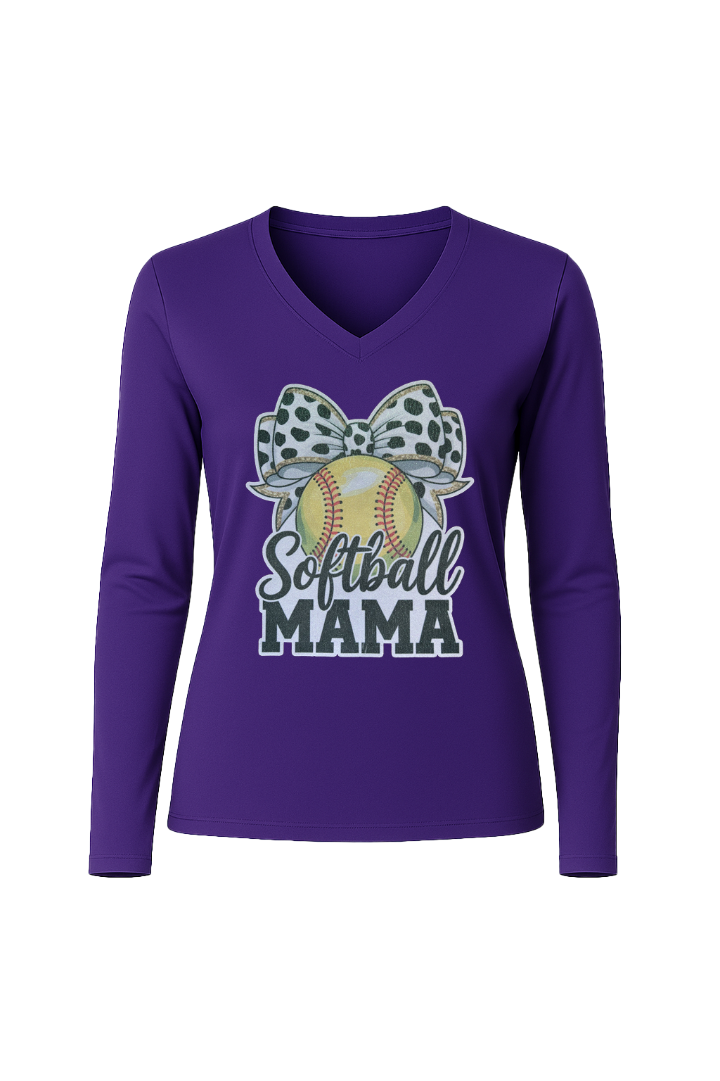 Glitter Softball Mama Bow Long Sleeve V-Neck Tee