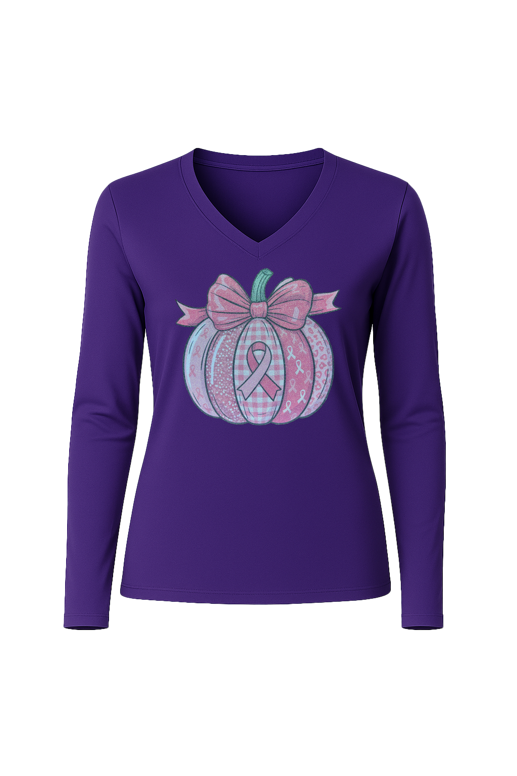 Glitter Breast Cancer Pumpkin Long Sleeve V-Neck Tee