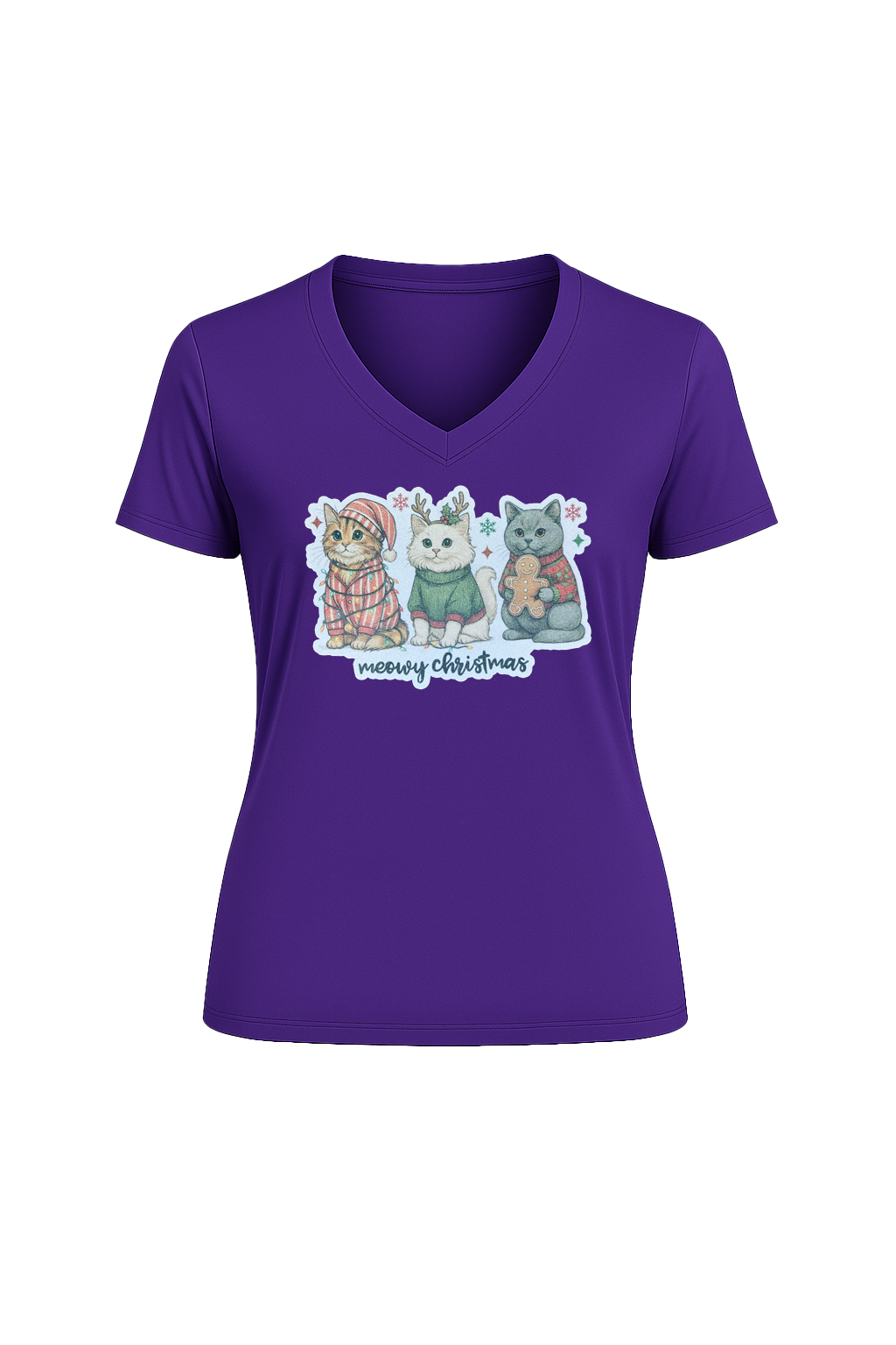 Glitter Christmas Cats Short Sleeve V-Neck Tee