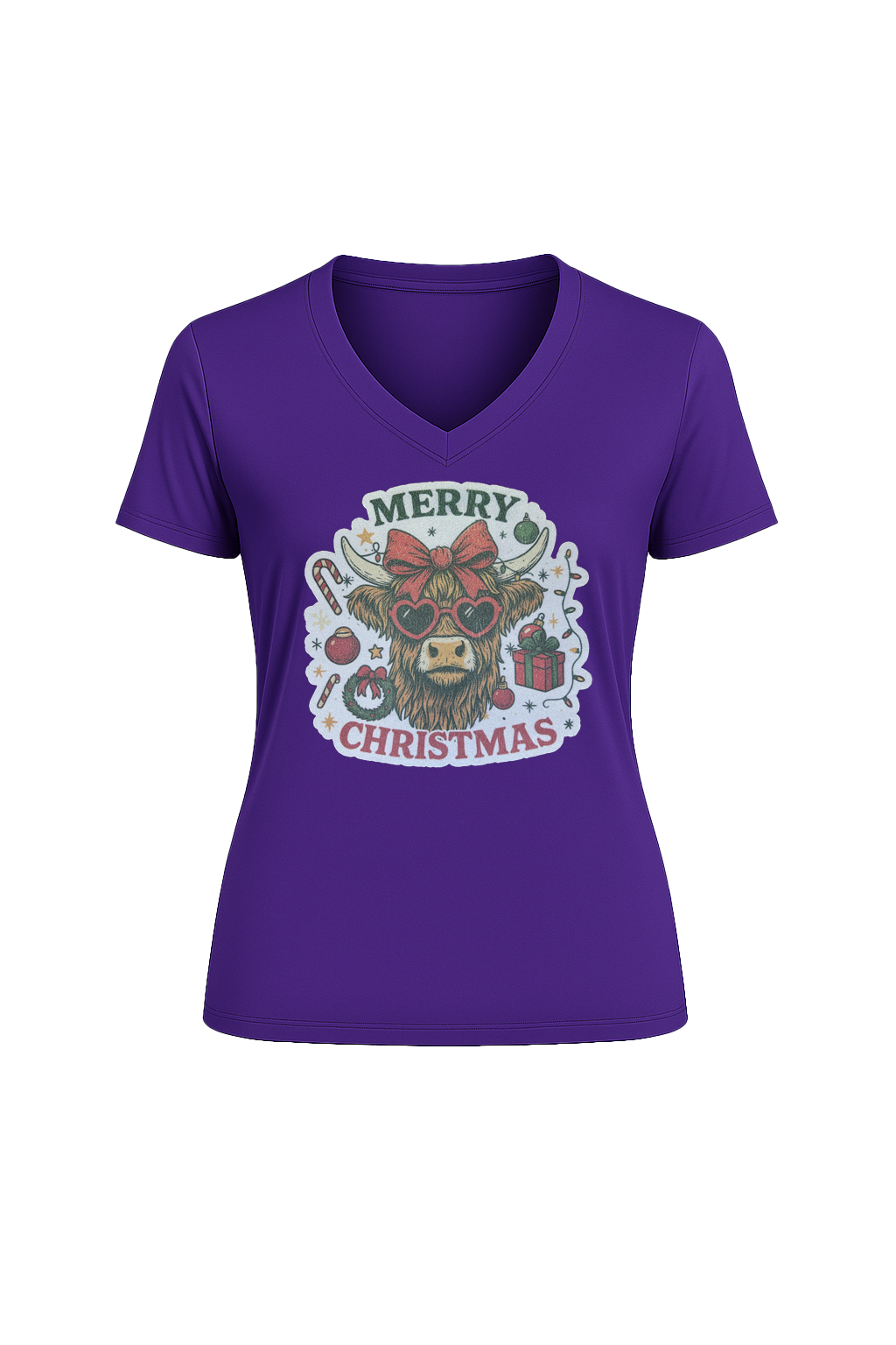 Glitter Christmas Cow Short Sleeve V-Neck Tee