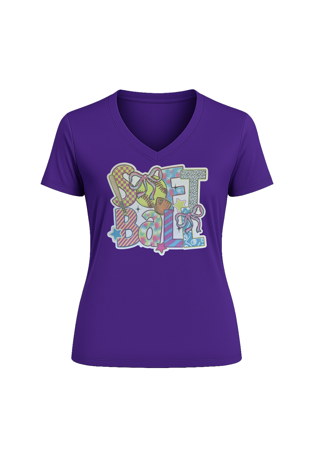 Glitter Softball Collage Short Sleeve V-Neck Tee