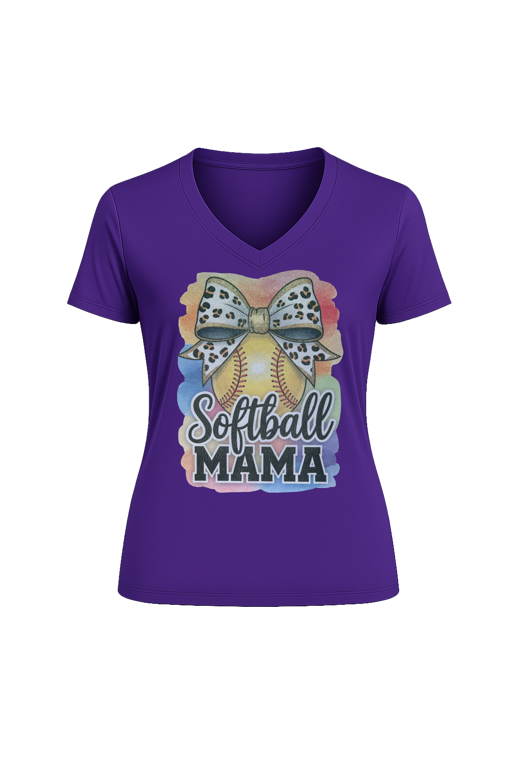 Glitter Watercolor Softball Mama Short Sleeve V-Neck Tee