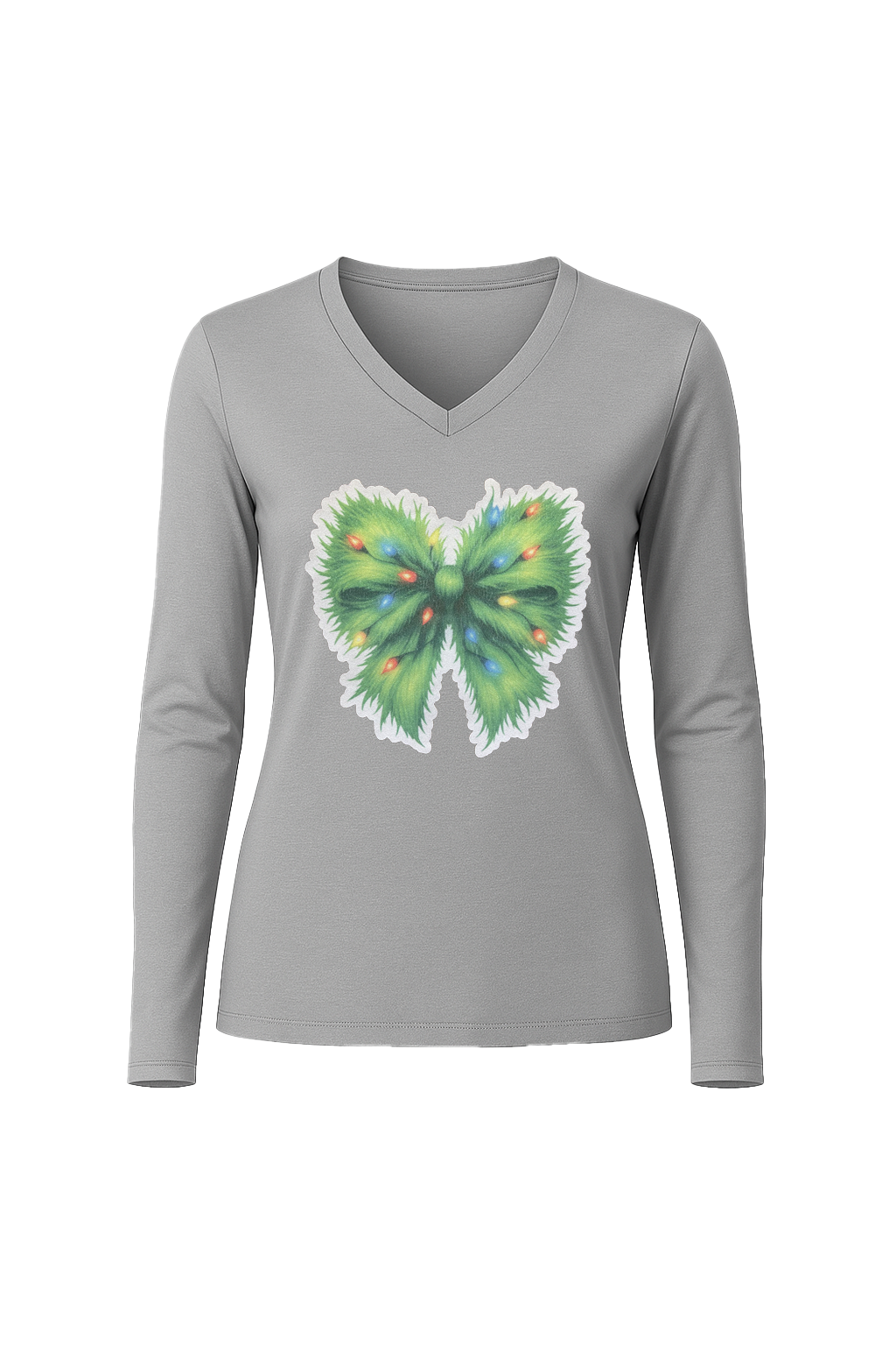 Glitter Evergreen Bow Long Sleeve V-Neck Tee