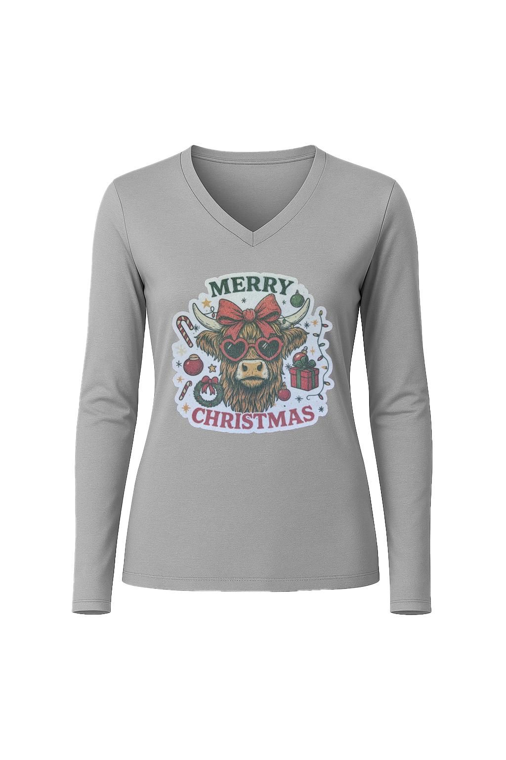 Glitter Christmas Cow Long Sleeve V-Neck Tee