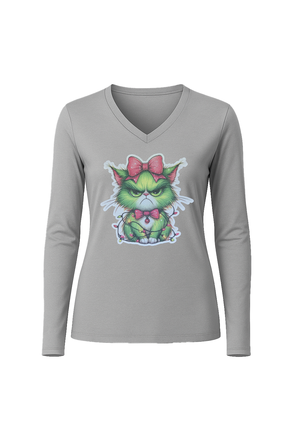 Glitter Grumpy Green Cat Long Sleeve V-Neck Tee