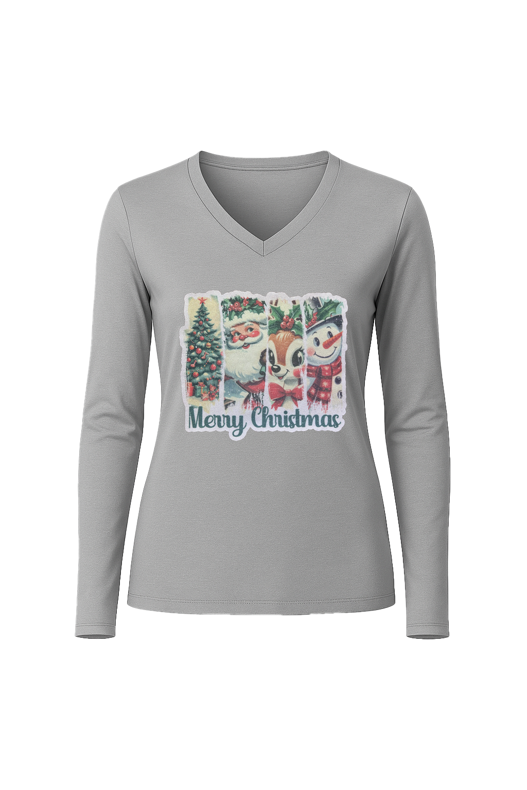 Glitter Christmas Collage Long Sleeve V-Neck Tee