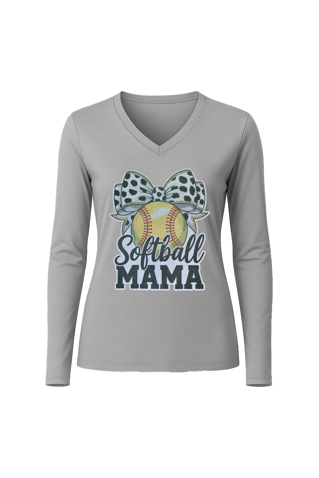 Glitter Softball Mama Bow Long Sleeve V-Neck Tee