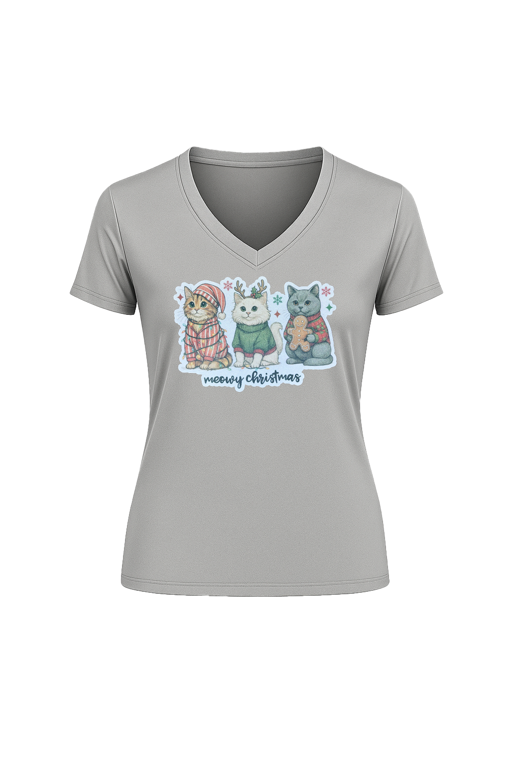Glitter Christmas Cats Short Sleeve V-Neck Tee
