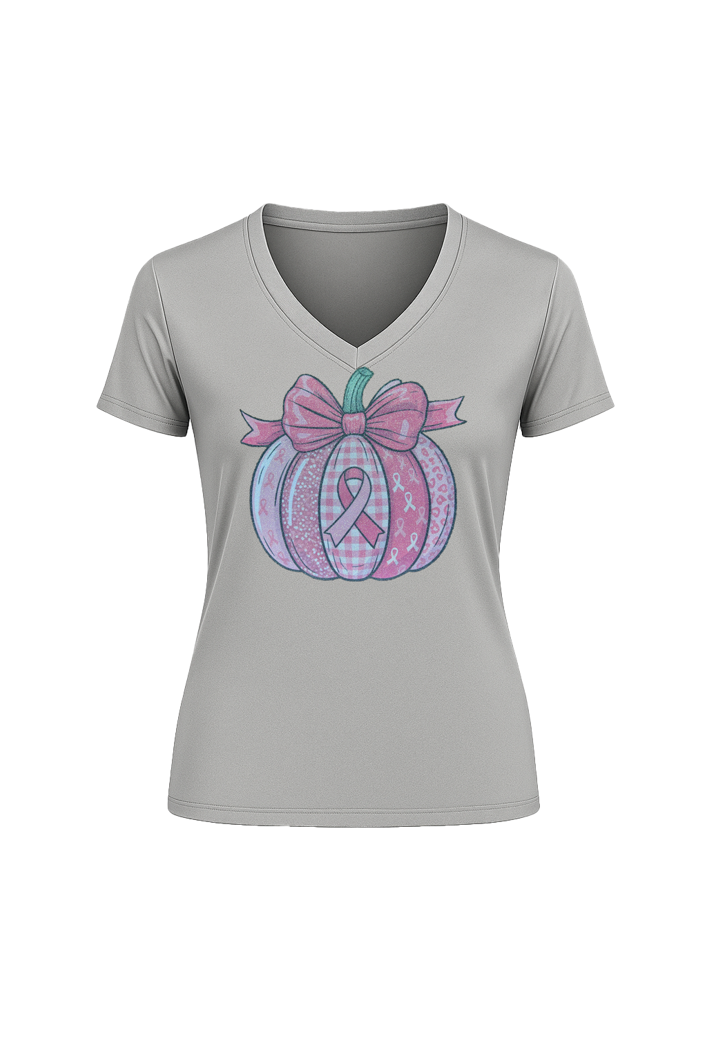 Glitter Breast Cancer Pumpkin Short Sleeve V-Neck Tee
