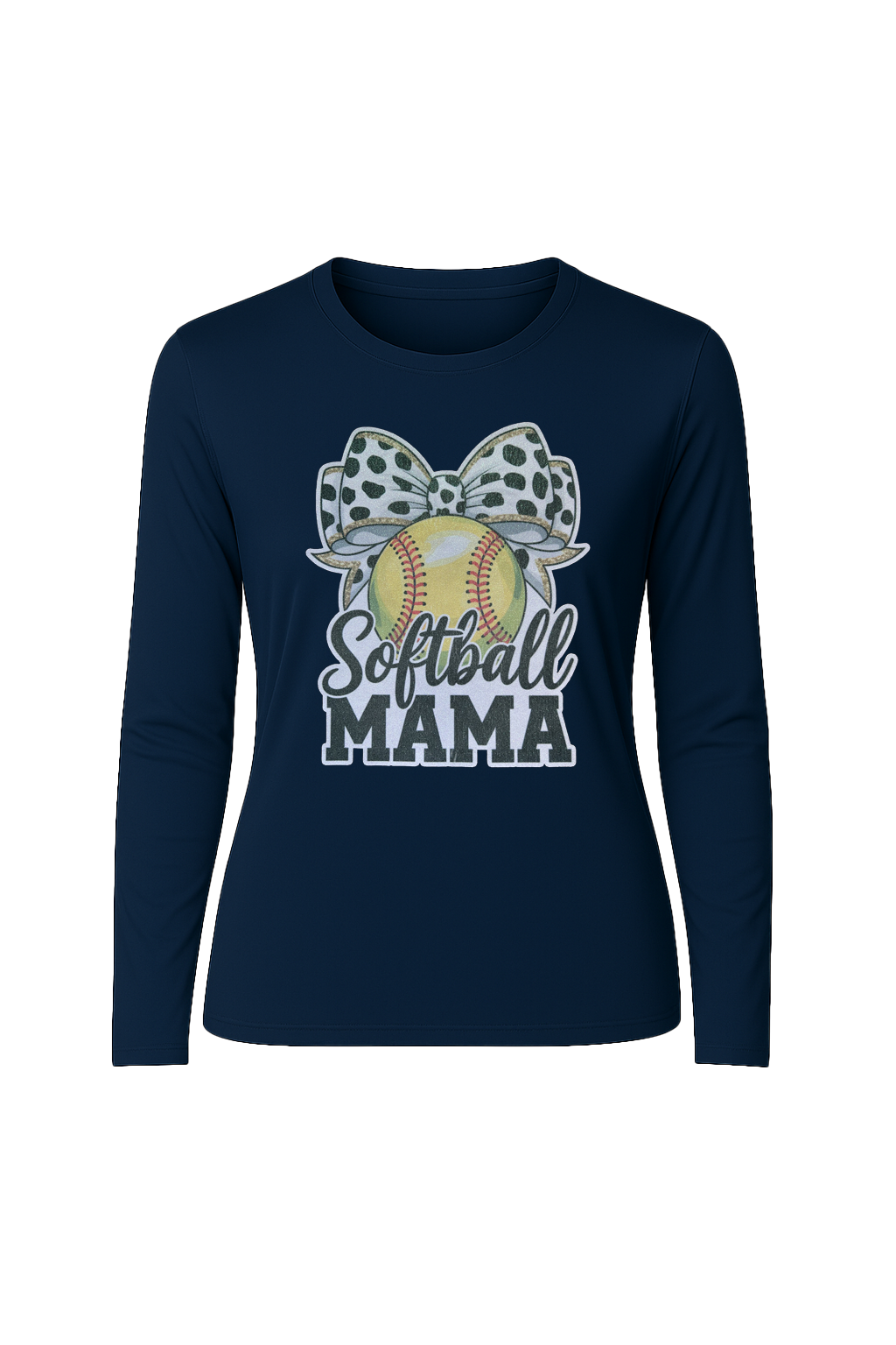 Glitter Softball Mama Bow Long Sleeve Tee UPF 50