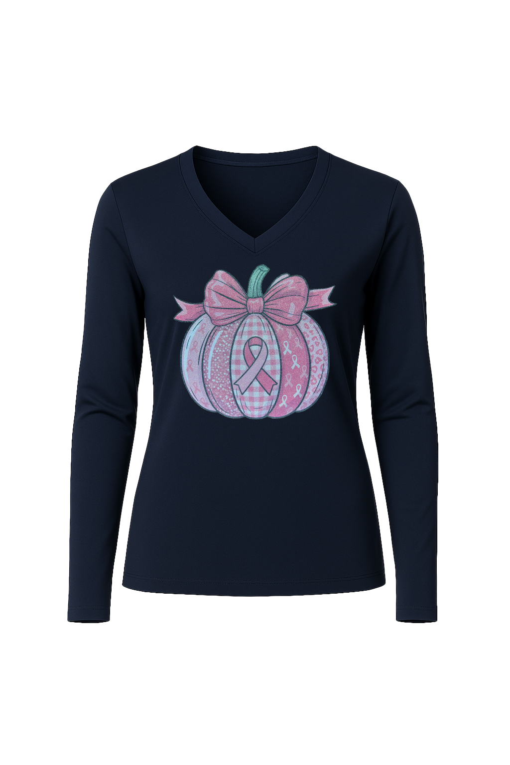 Glitter Breast Cancer Pumpkin Long Sleeve V-Neck Tee