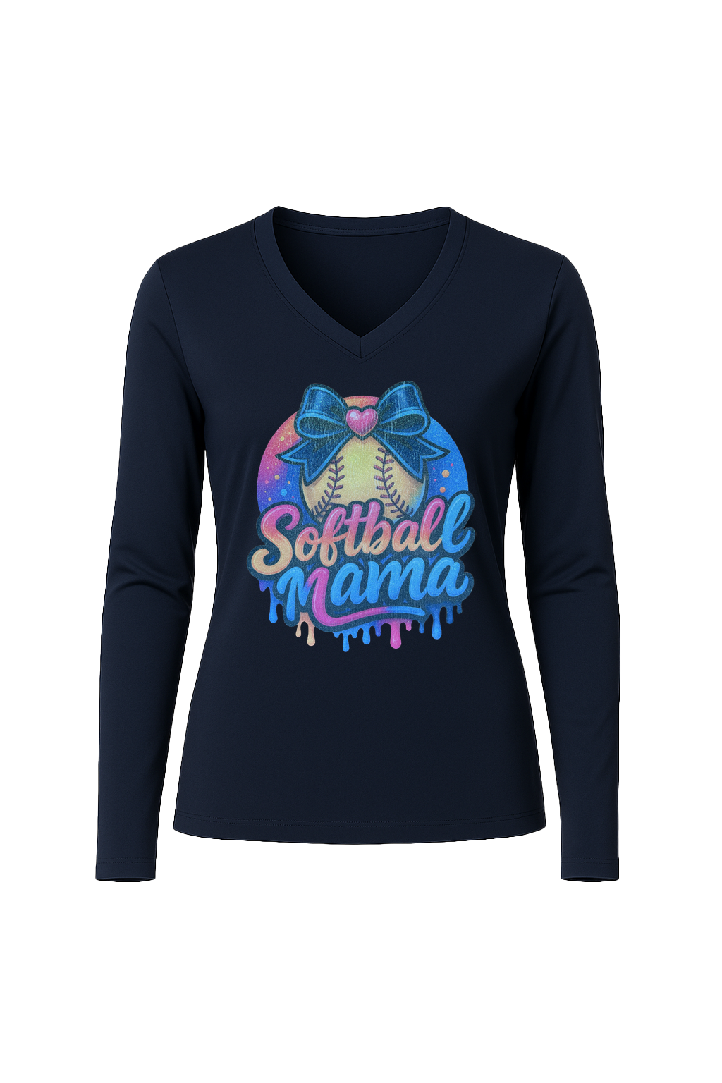 Glitter Softball Mama Drip Long Sleeve V-Neck Tee