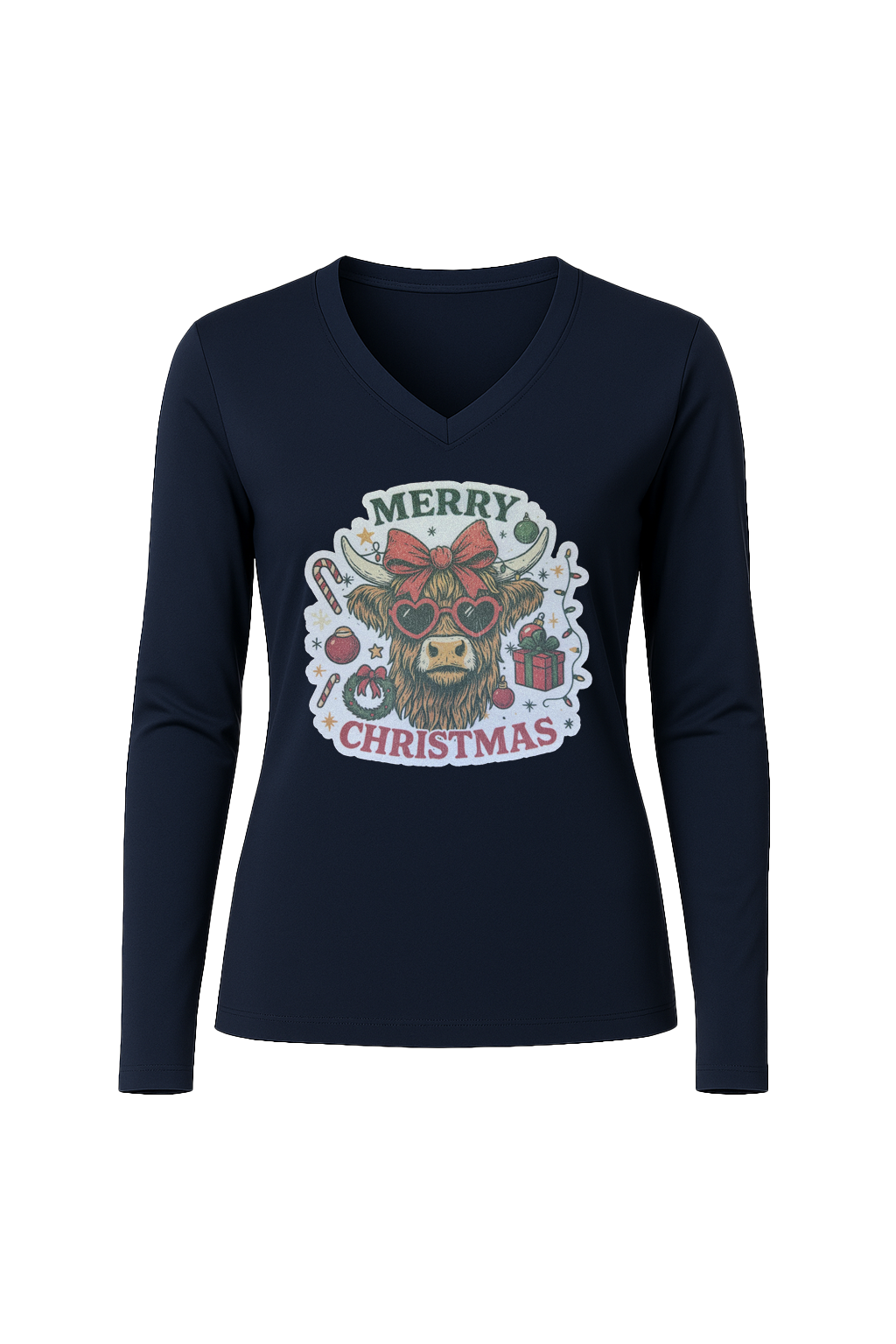 Glitter Christmas Cow Long Sleeve V-Neck Tee