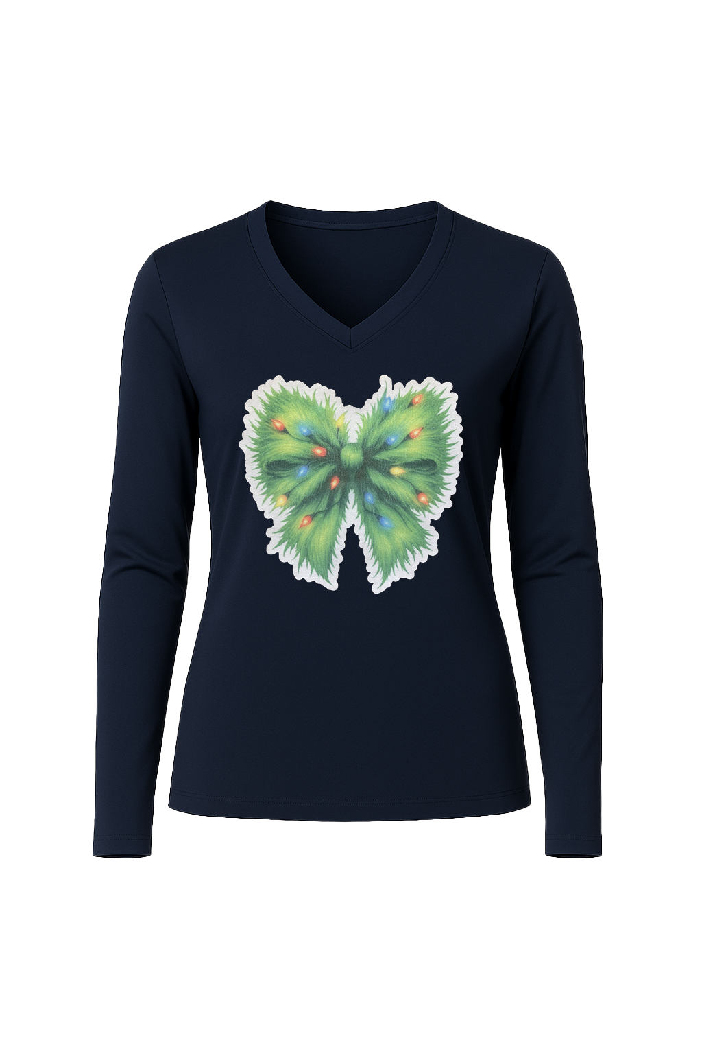 Glitter Evergreen Bow Long Sleeve V-Neck Tee