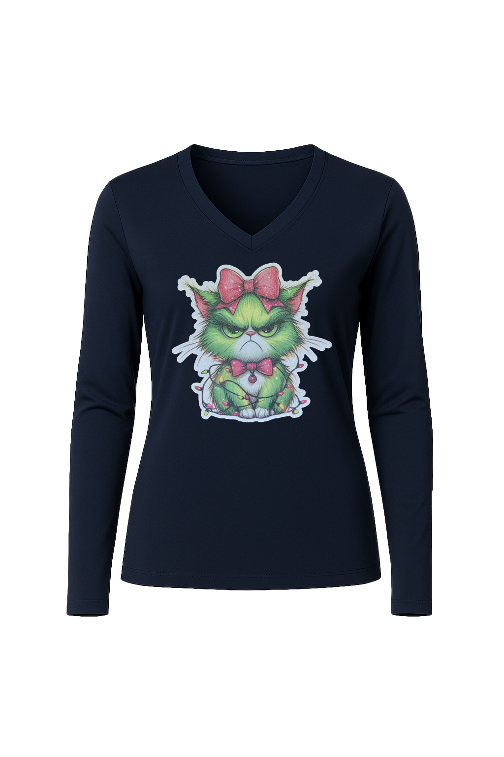 Glitter Grumpy Green Cat Long Sleeve V-Neck Tee