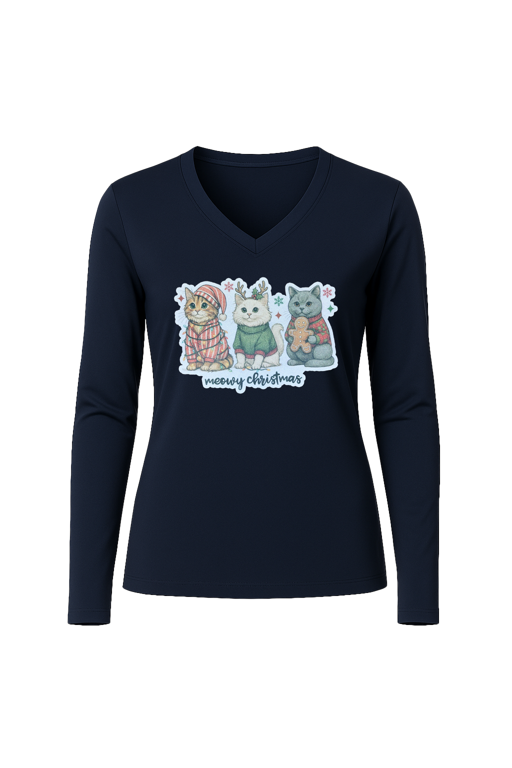 Glitter Christmas Cats Long Sleeve V-Neck Tee
