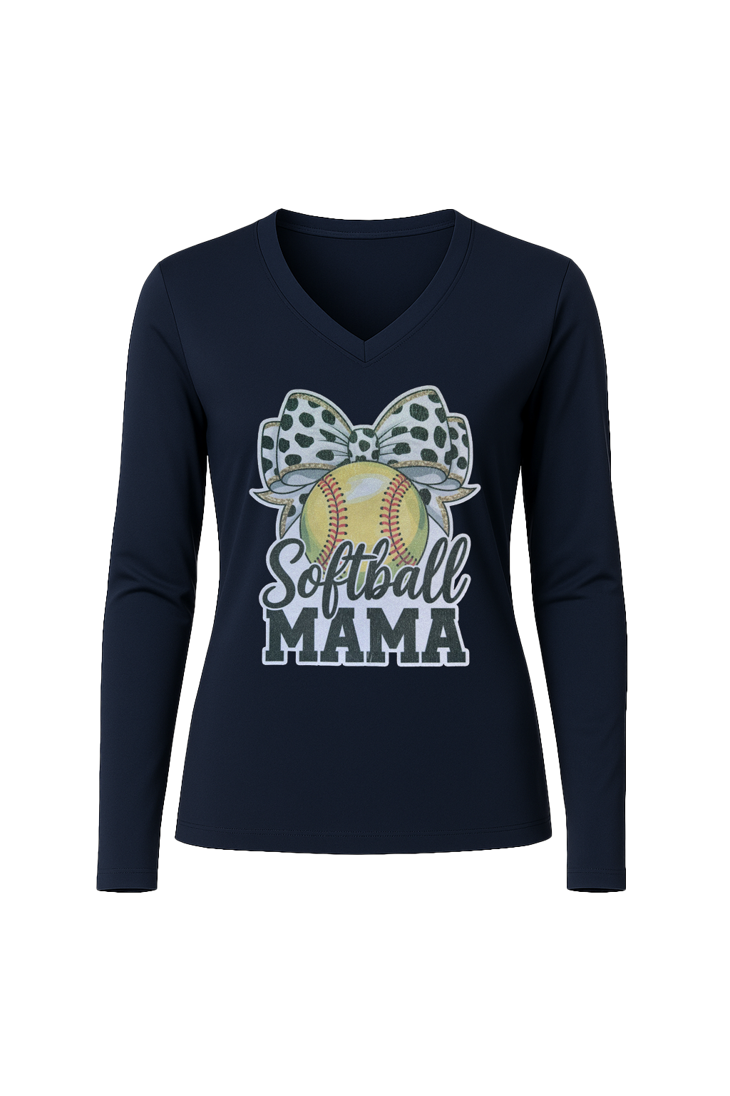 Glitter Softball Mama Bow Long Sleeve V-Neck Tee