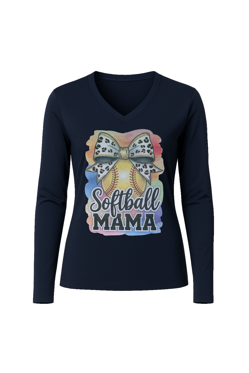 Glitter Watercolor Softball Mama Long Sleeve V-Neck Tee