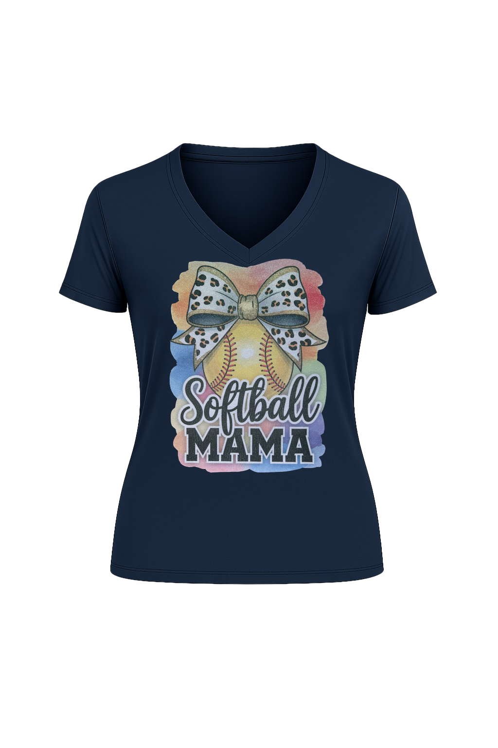 Glitter Watercolor Softball Mama Short Sleeve V-Neck Tee