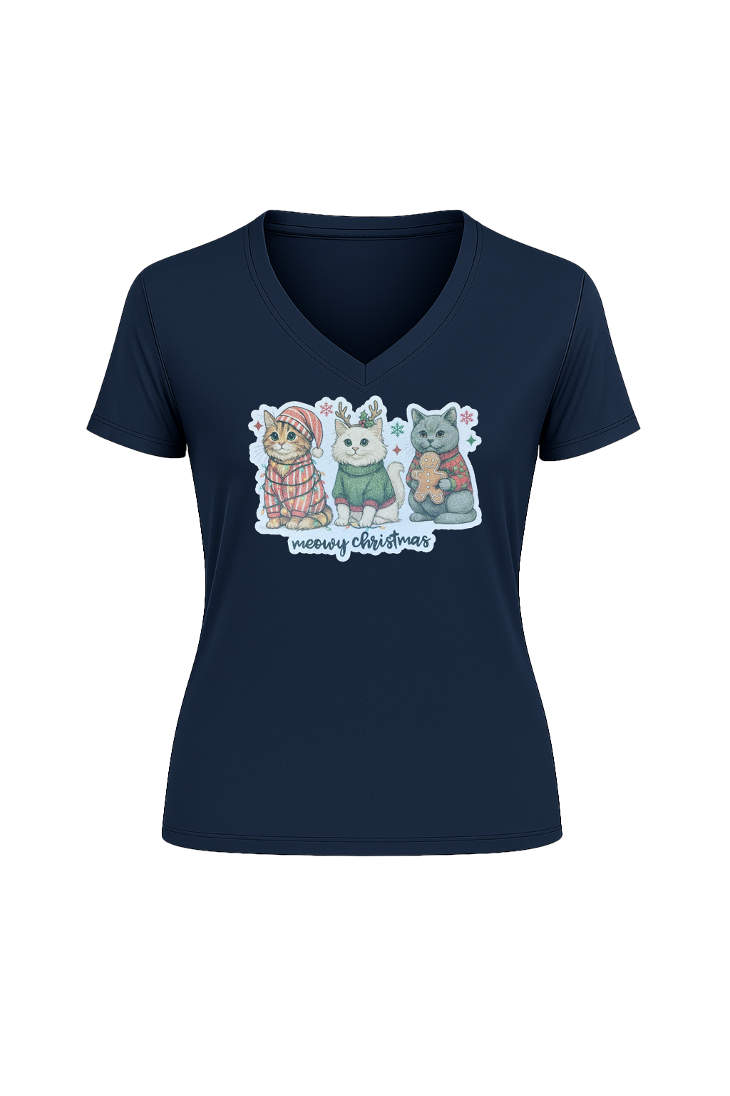 Glitter Christmas Cats Short Sleeve V-Neck Tee