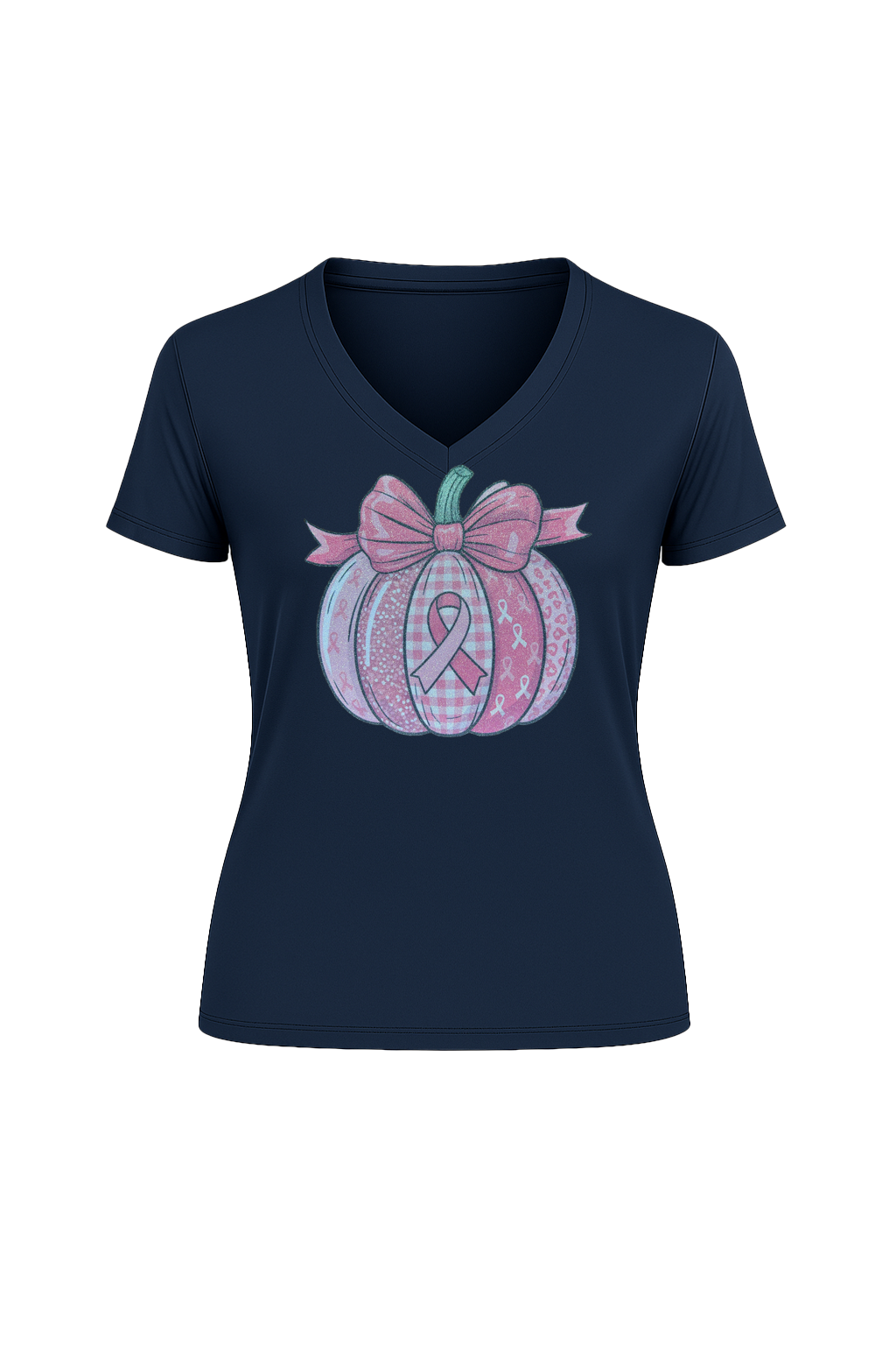 Glitter Breast Cancer Pumpkin Short Sleeve V-Neck Tee