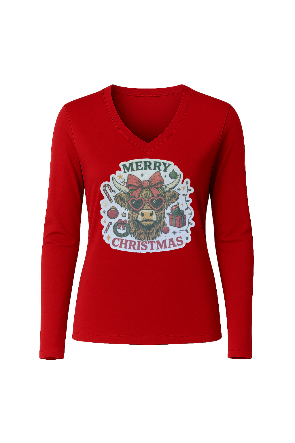 Glitter Christmas Cow Long Sleeve V-Neck Tee