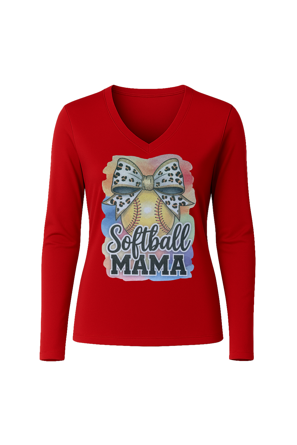 Glitter Watercolor Softball Mama Long Sleeve V-Neck Tee