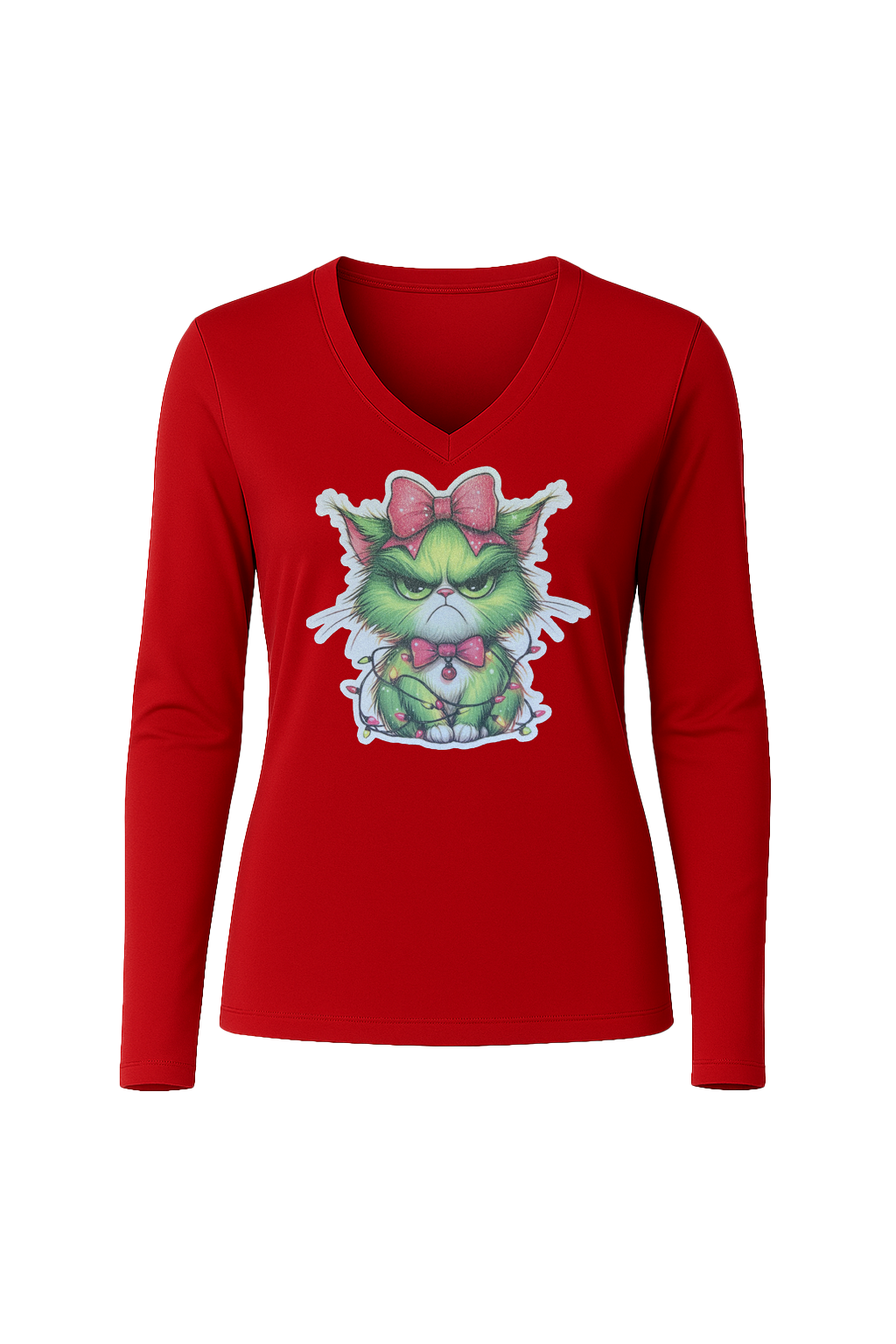 Glitter Grumpy Green Cat Long Sleeve V-Neck Tee