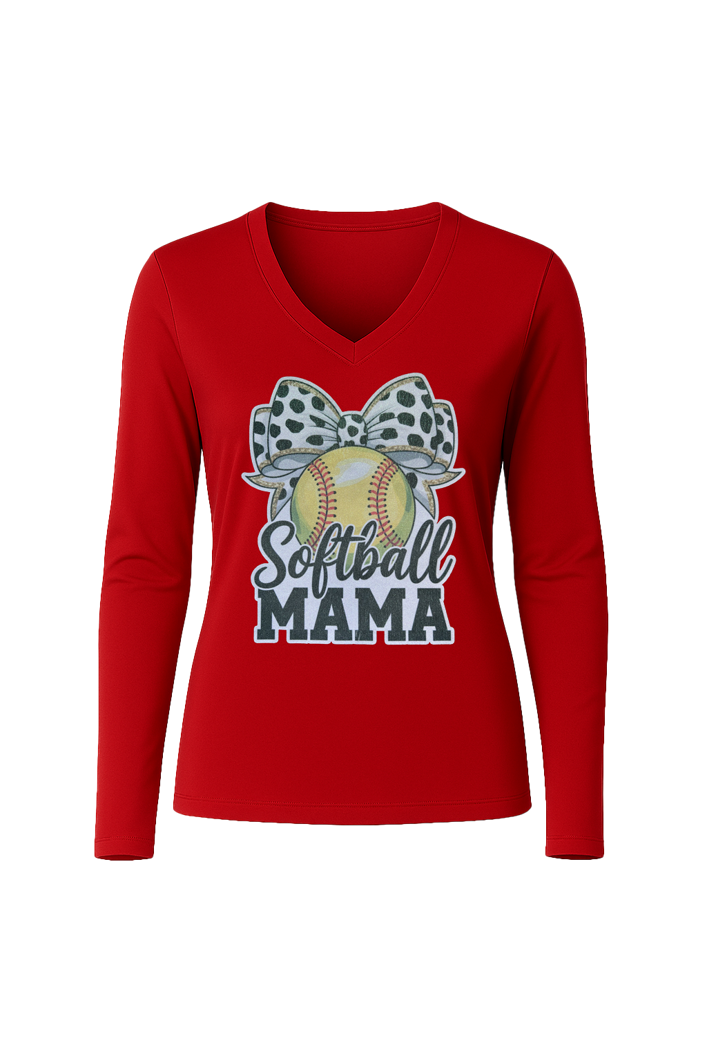 Glitter Softball Mama Bow Long Sleeve V-Neck Tee