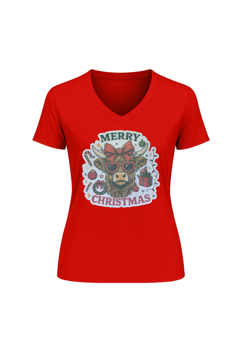 Glitter Christmas Cow Short Sleeve V-Neck Tee