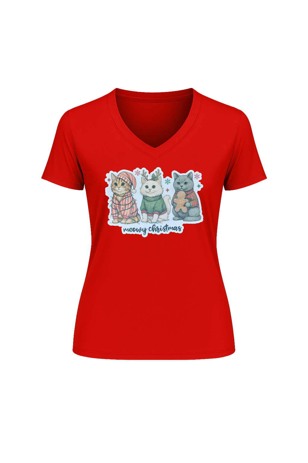 Glitter Christmas Cats Short Sleeve V-Neck Tee