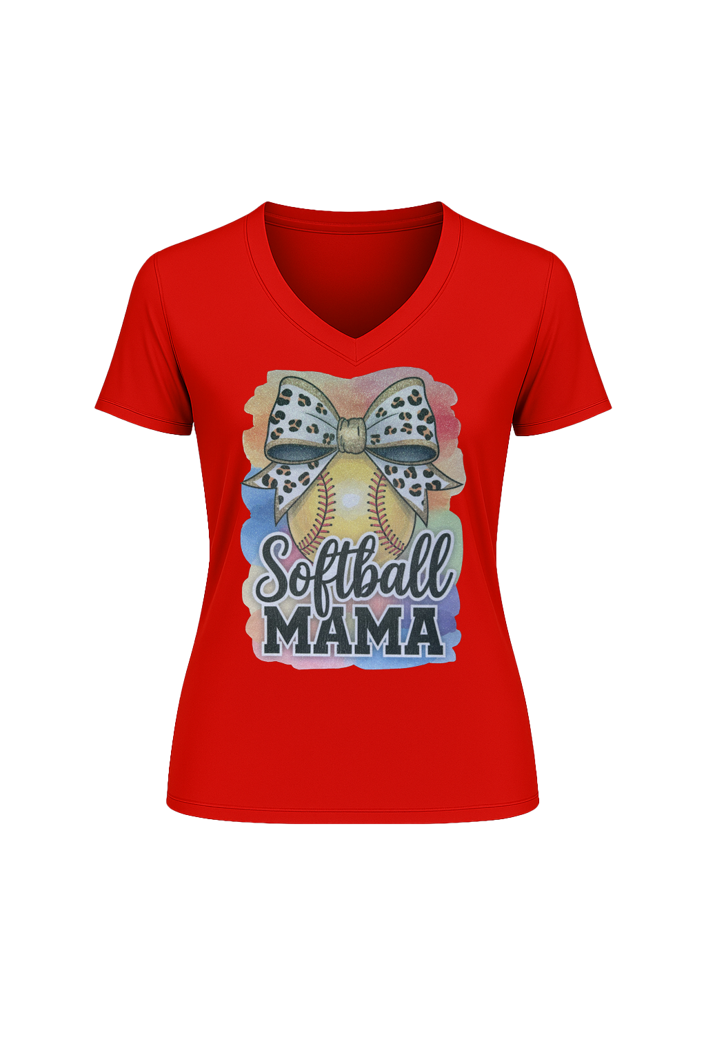 Glitter Watercolor Softball Mama Short Sleeve V-Neck Tee