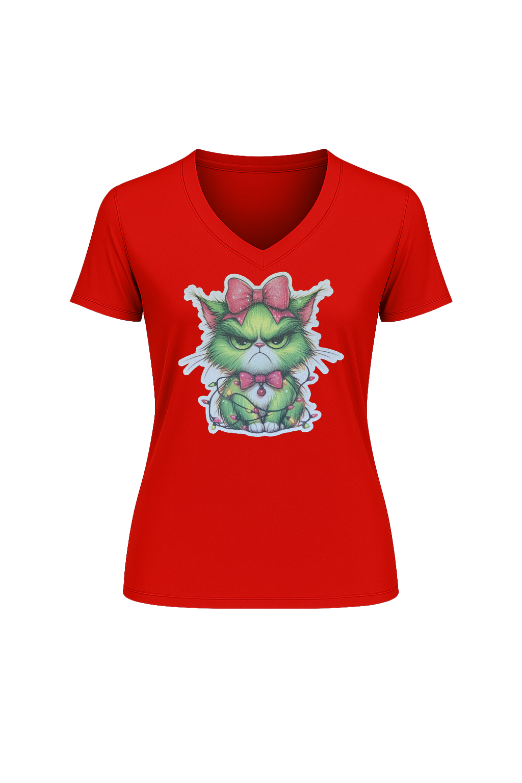 Glitter Grumpy Green Cat Short Sleeve V-Neck Tee
