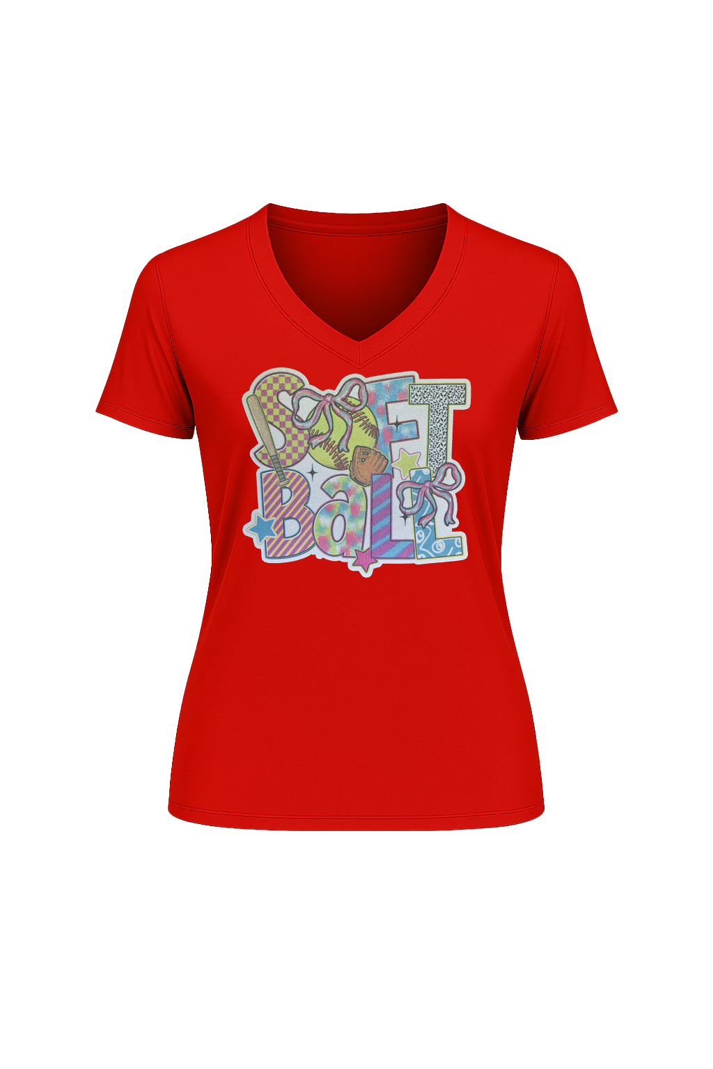Glitter Softball Collage Short Sleeve V-Neck Tee