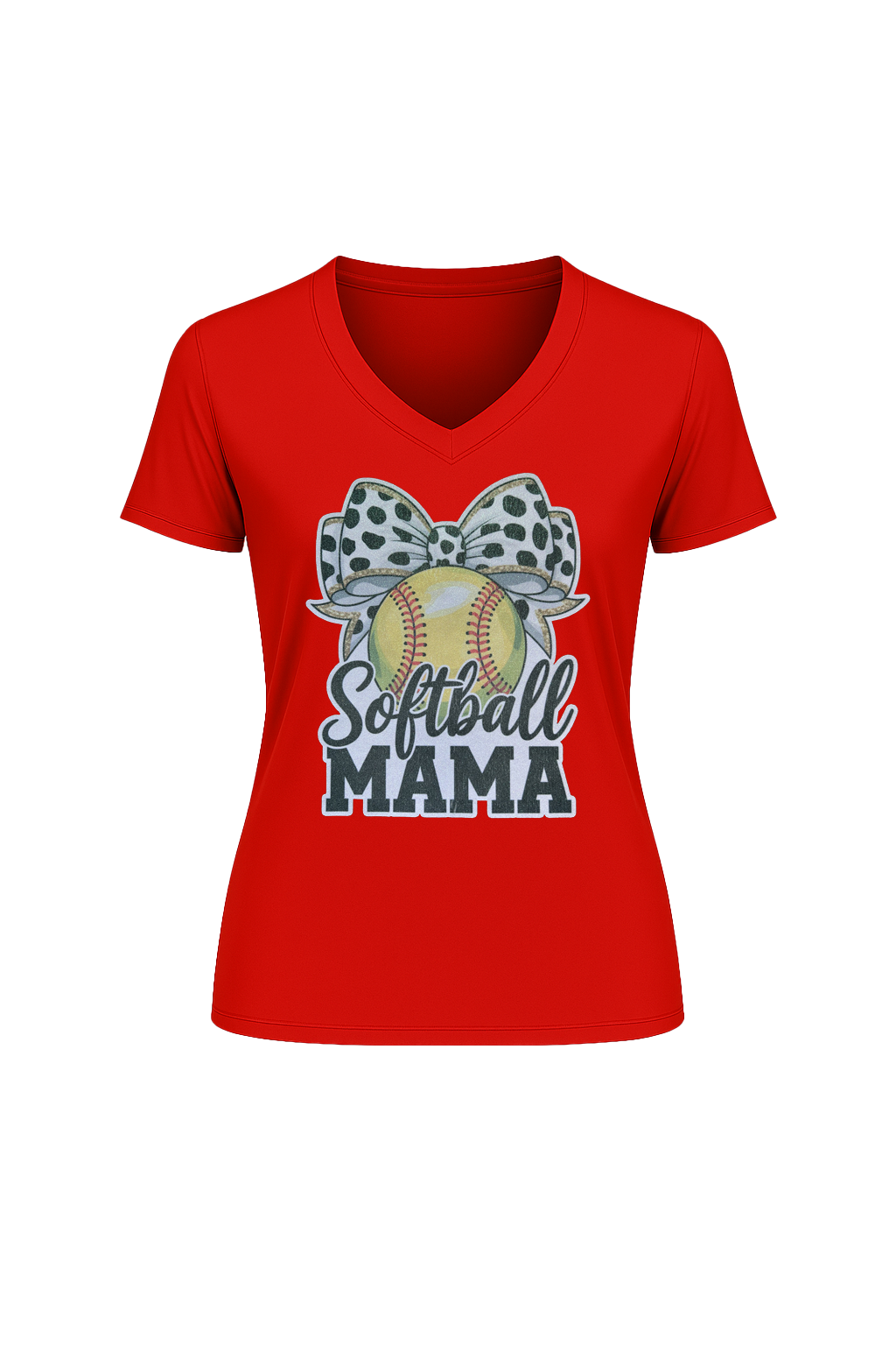 Glitter Softball Mama Bow Short Sleeve V-Neck Tee