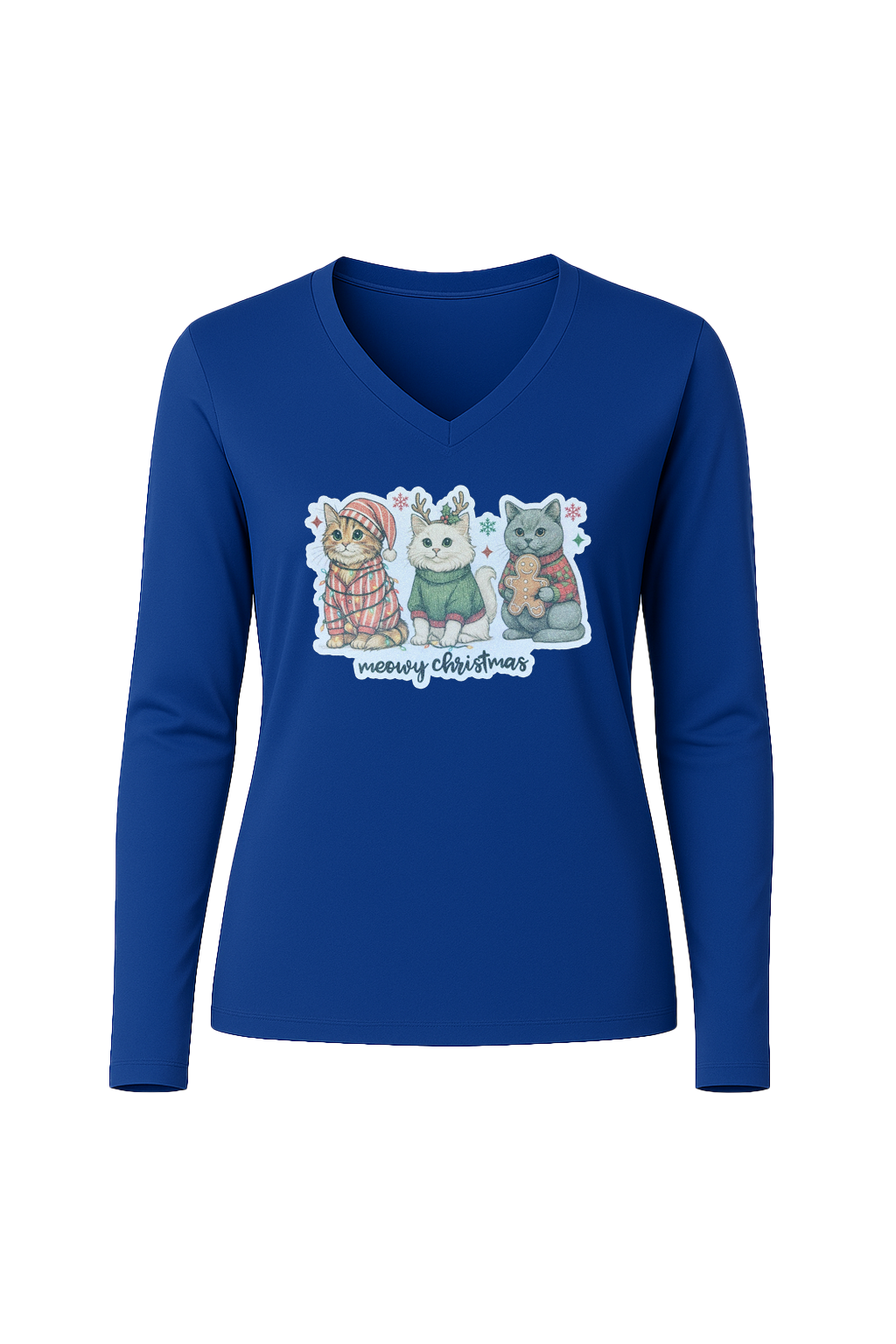 Glitter Christmas Cats Long Sleeve V-Neck Tee