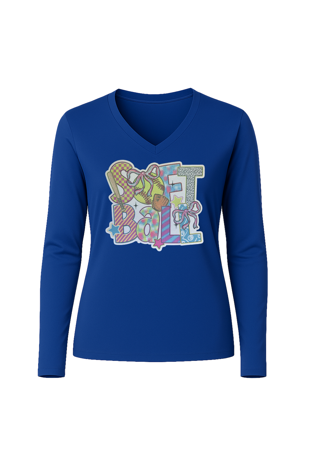 Glitter Softball Collage Long Sleeve V-Neck Tee