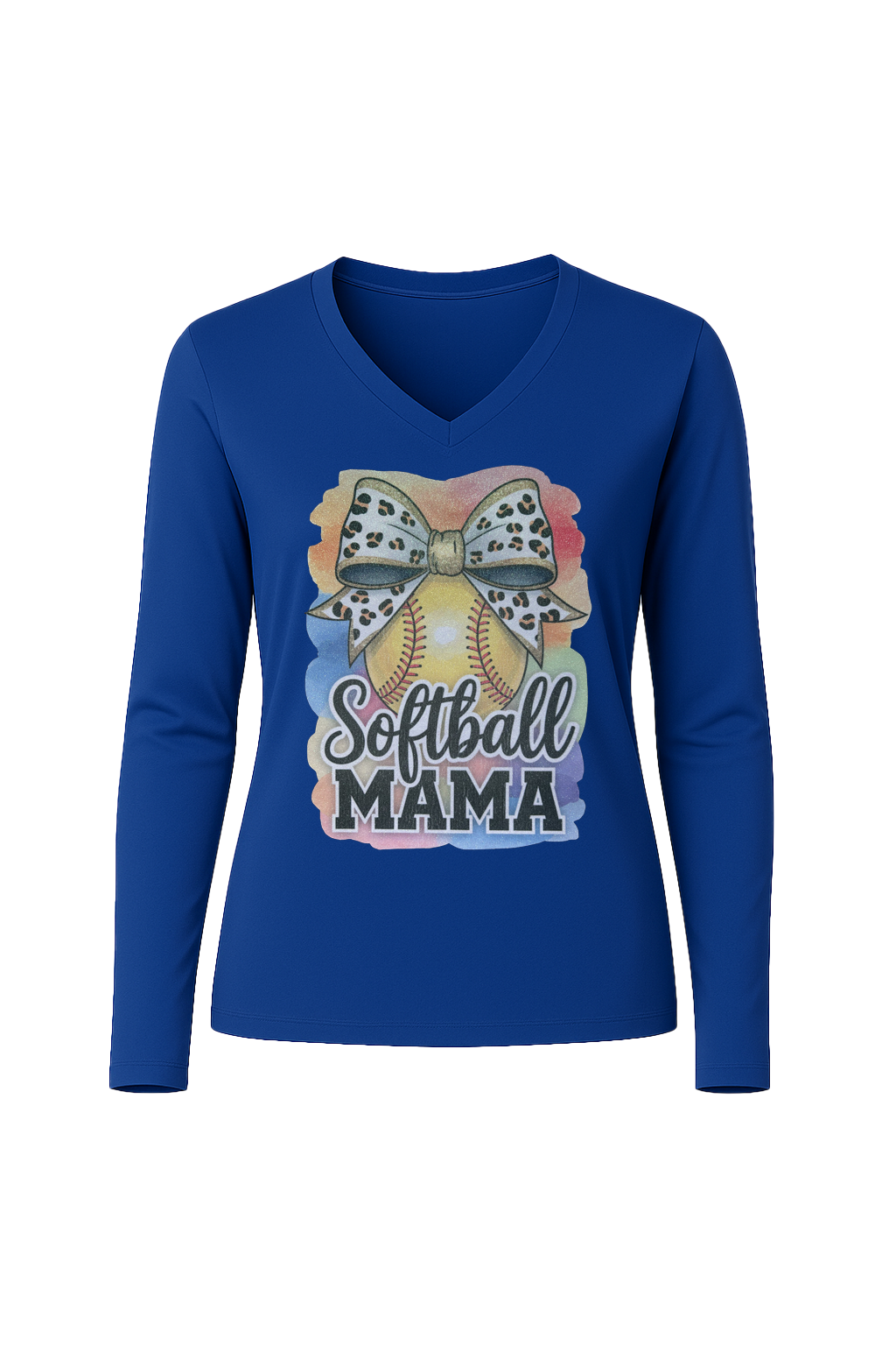 Glitter Watercolor Softball Mama Long Sleeve V-Neck Tee