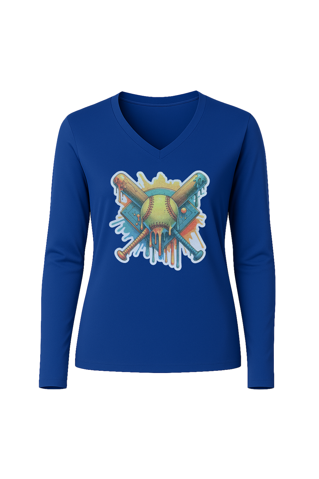 Glitter Teal Shield Long Sleeve V-Neck Tee
