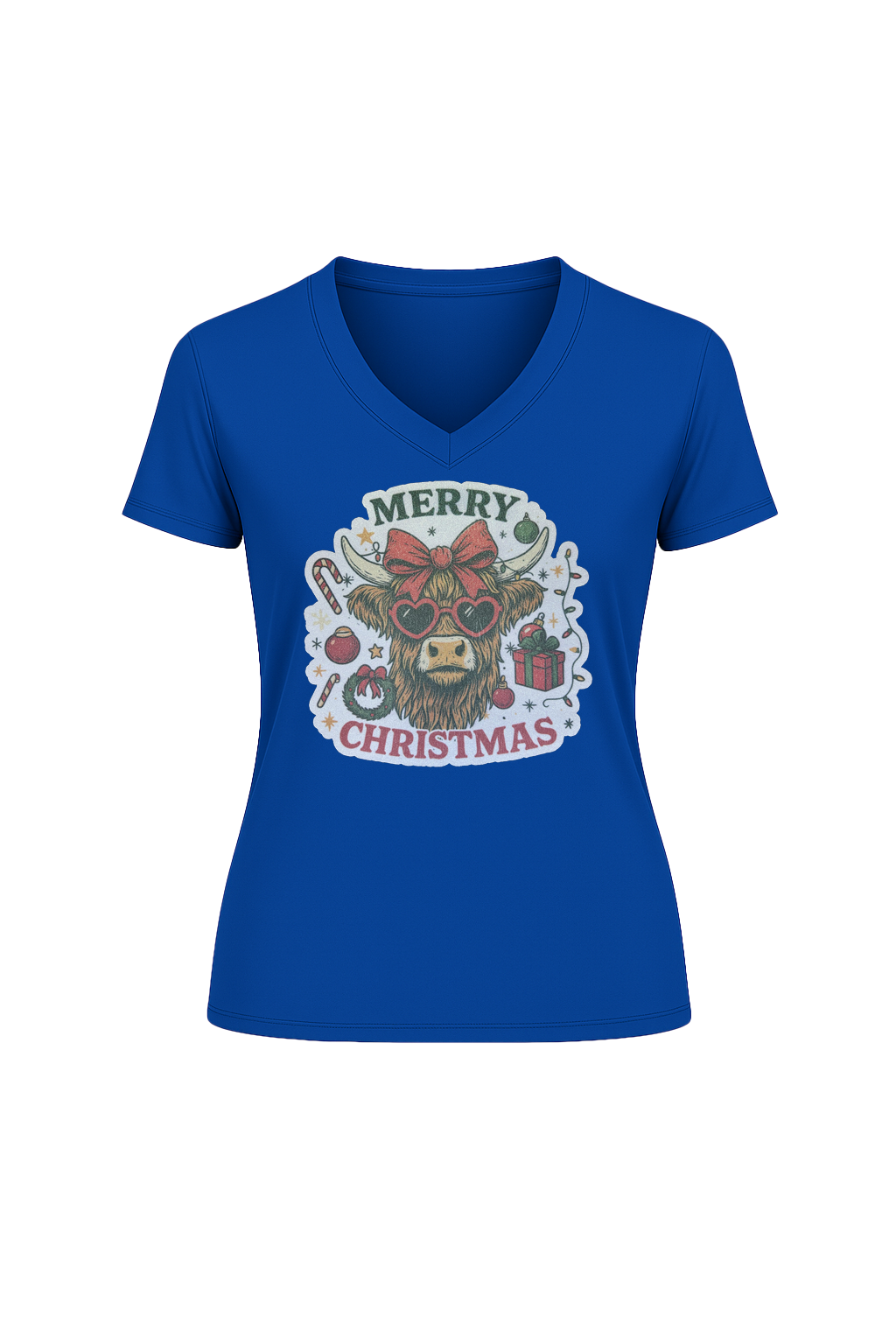 Glitter Christmas Cow Short Sleeve V-Neck Tee