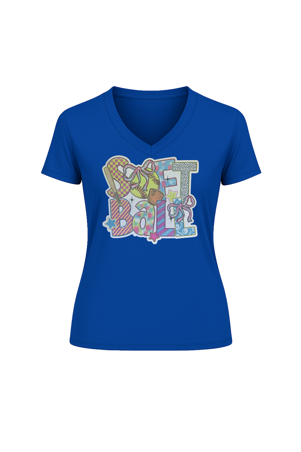 Glitter Softball Collage Short Sleeve V-Neck Tee