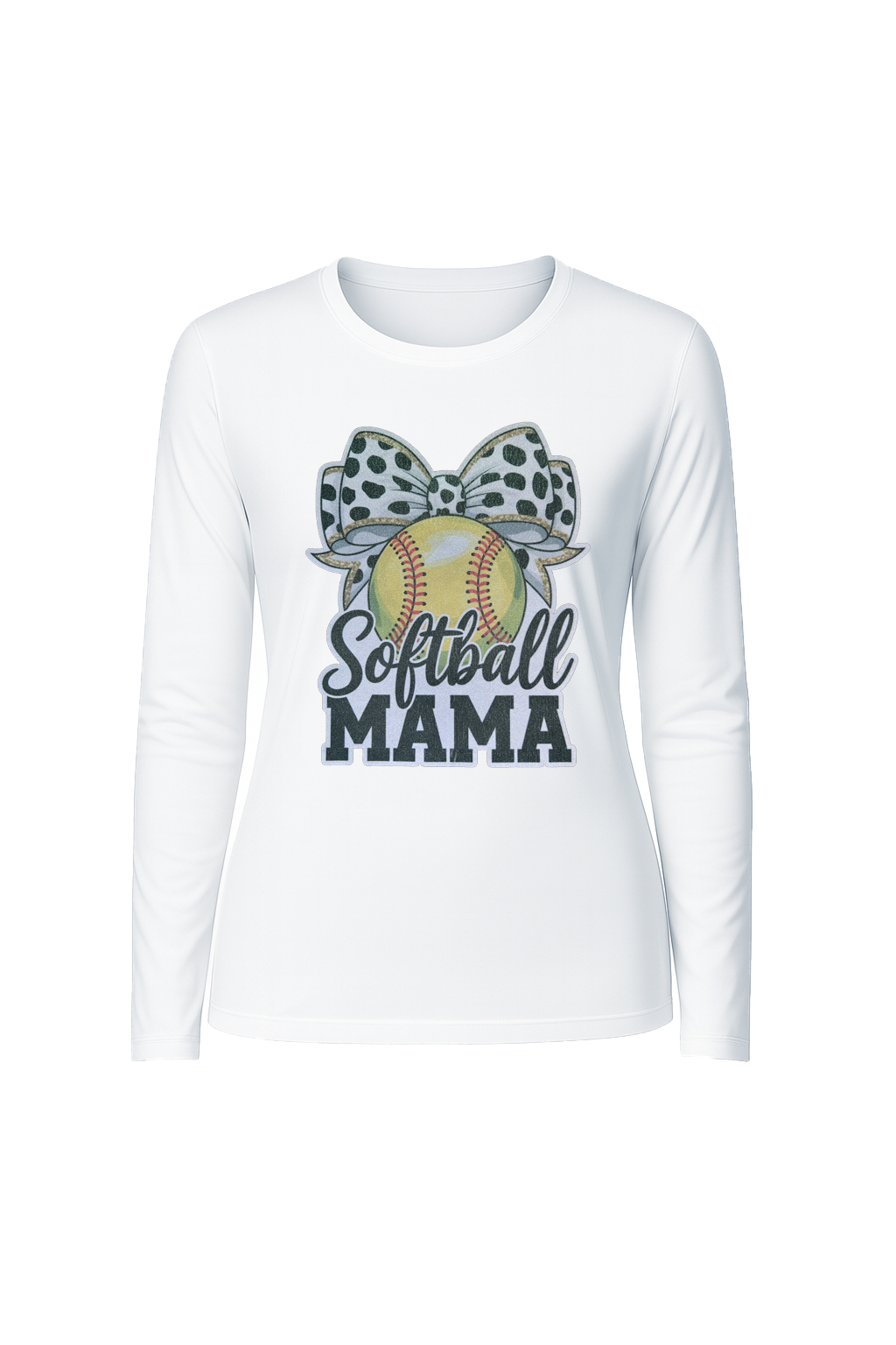 Glitter Softball Mama Bow Long Sleeve Tee UPF 50