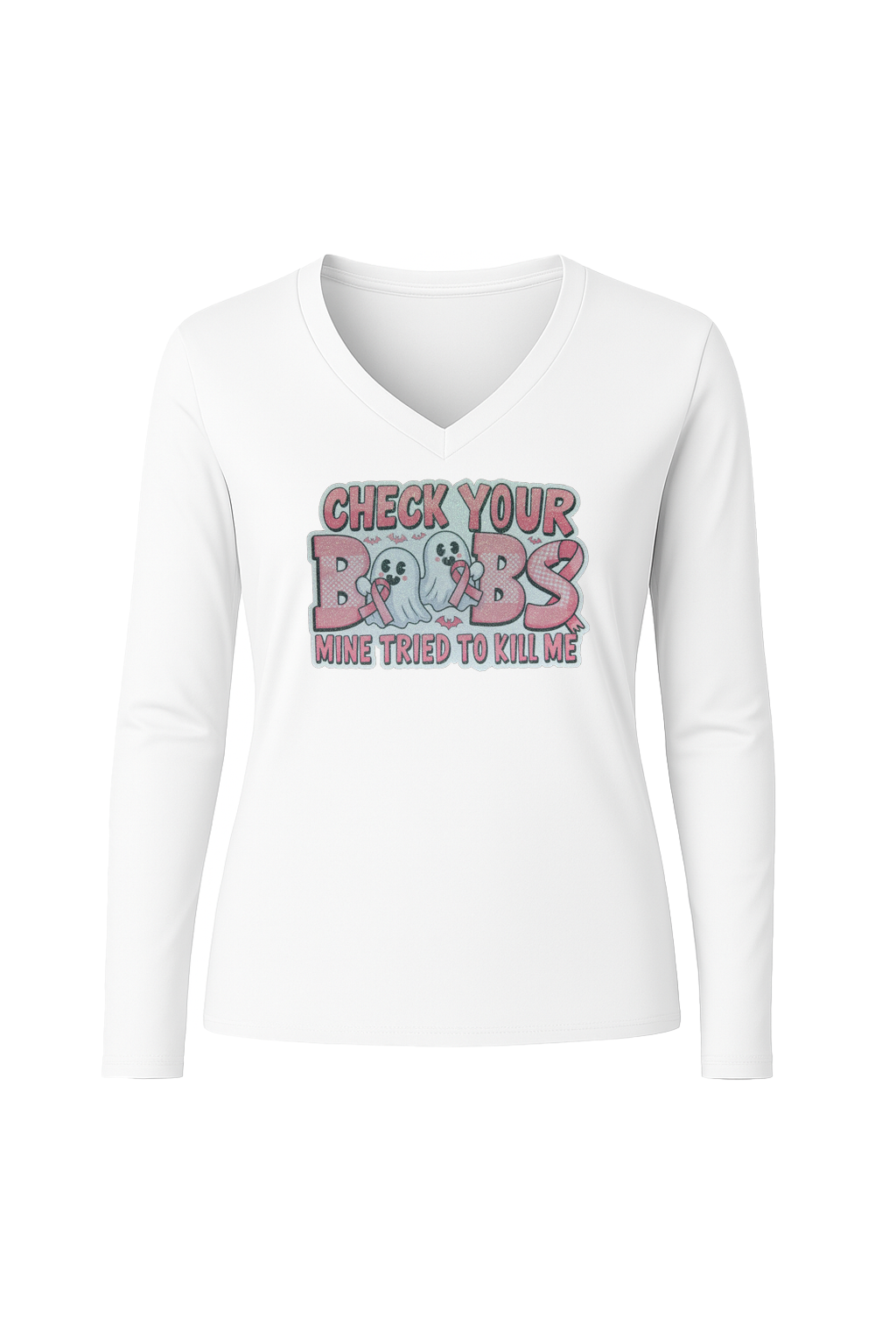 Glitter Check Your Boobs Long Sleeve V-Neck Tee