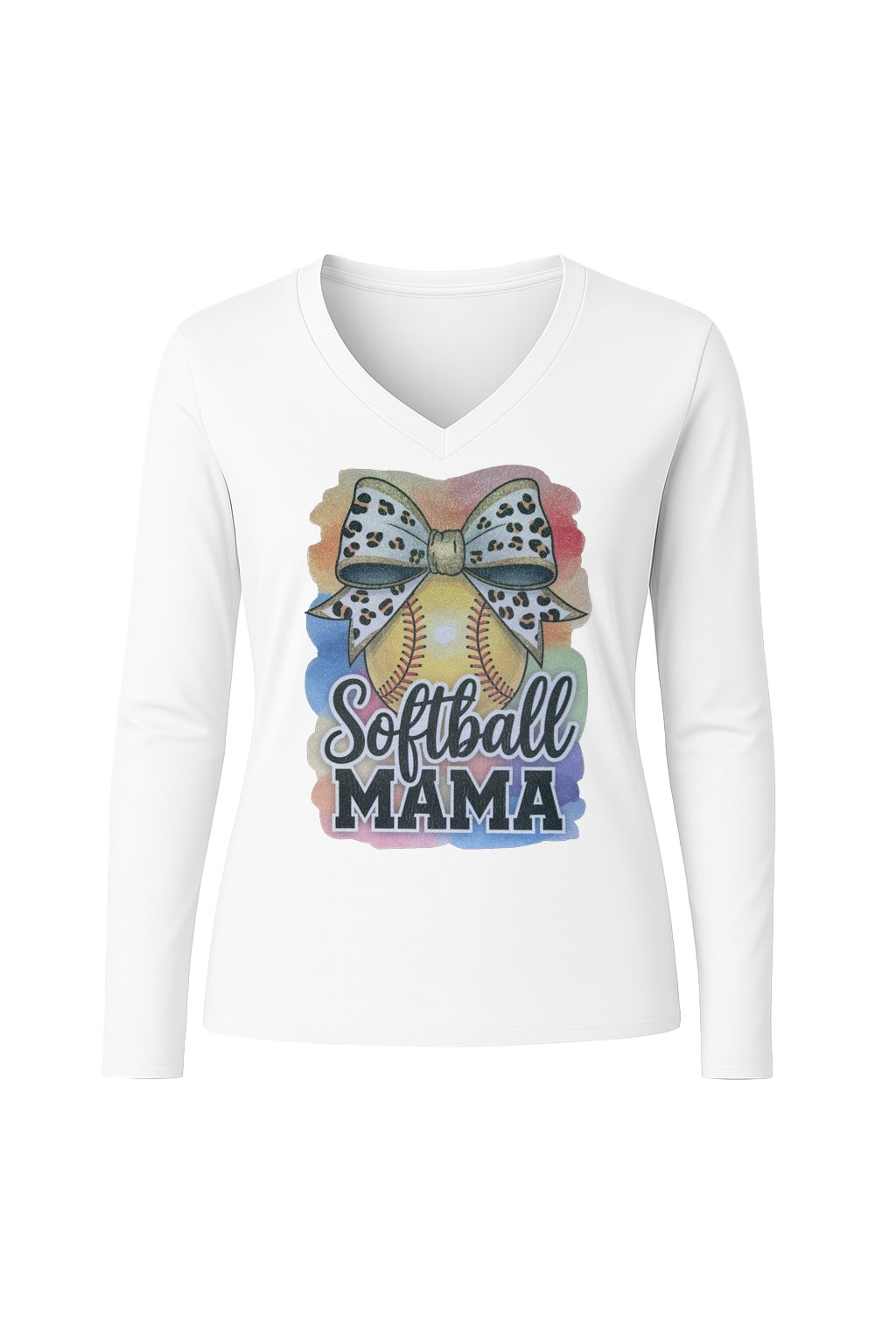 Glitter Watercolor Softball Mama Long Sleeve V-Neck Tee