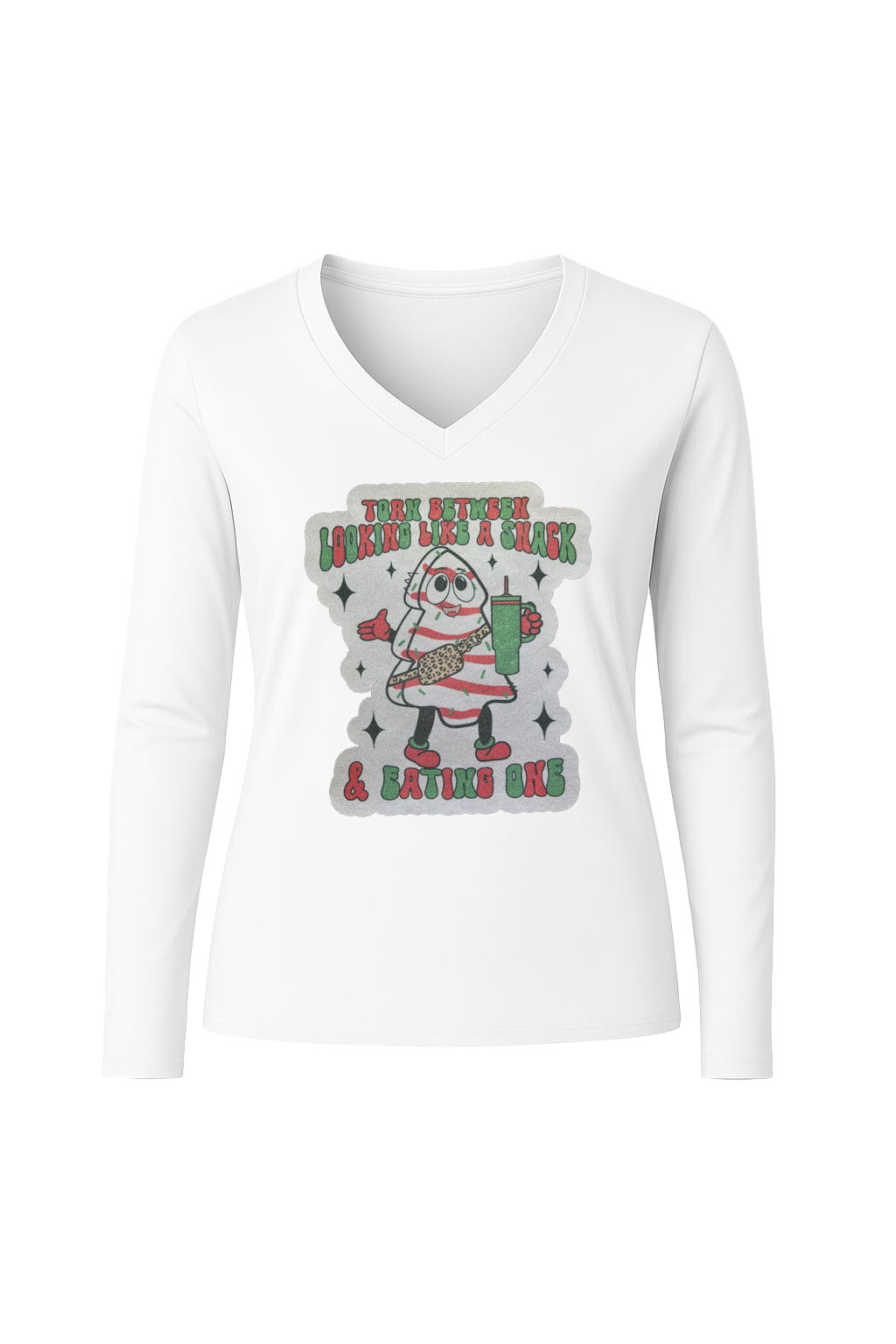 Glitter Christmas Snack Long Sleeve V-Neck Tee