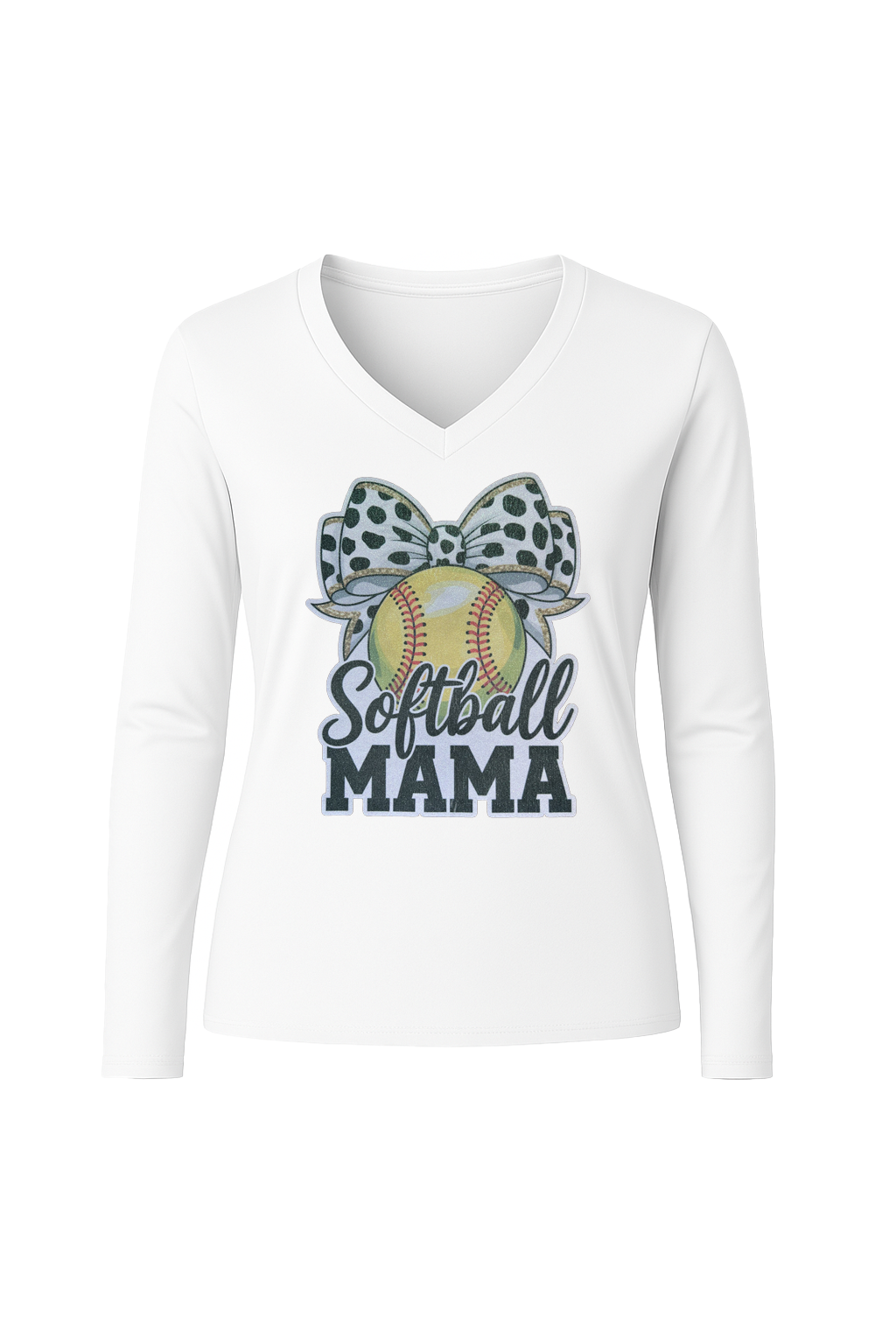 Glitter Softball Mama Bow Long Sleeve V-Neck Tee