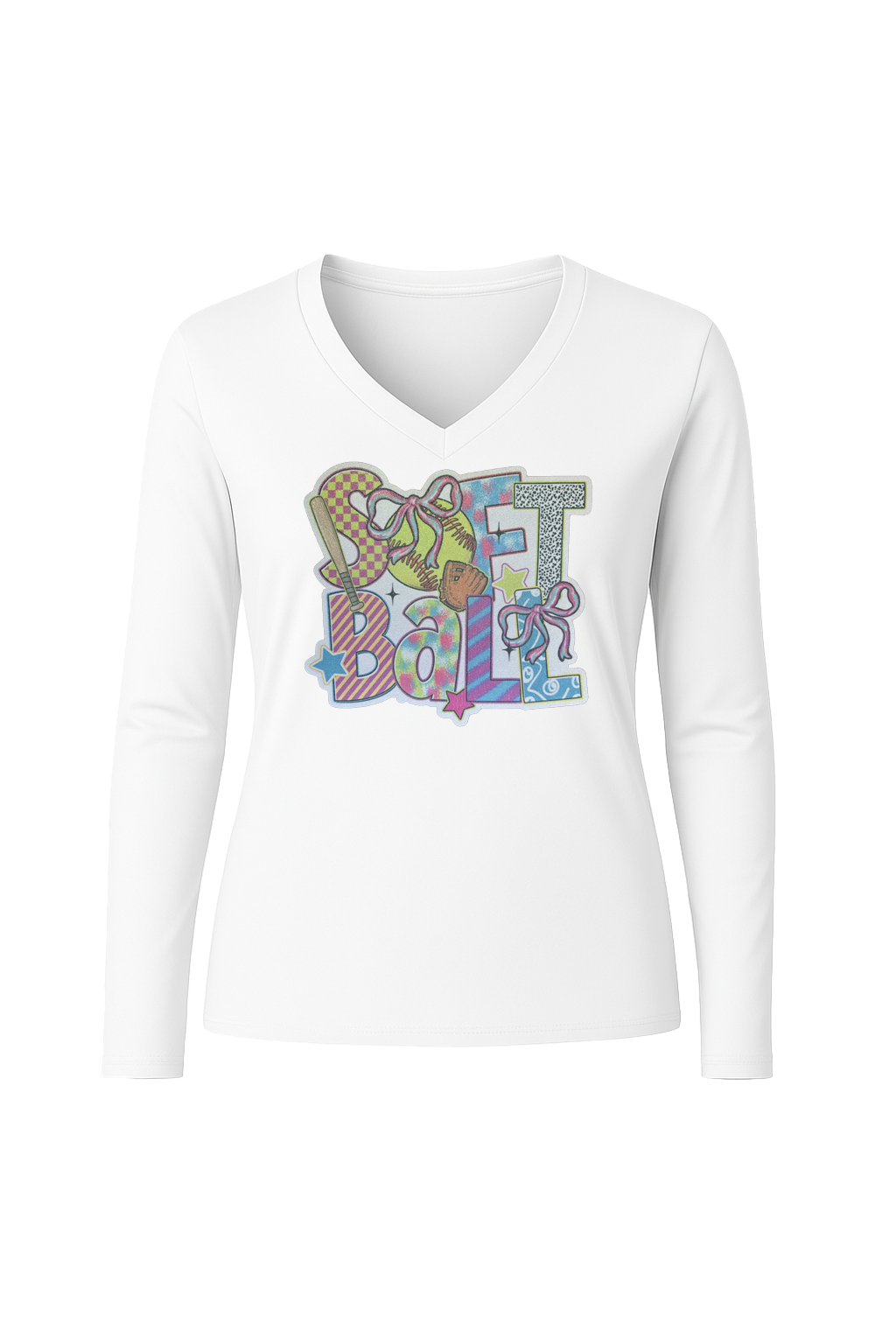 Glitter Softball Collage Long Sleeve V-Neck Tee