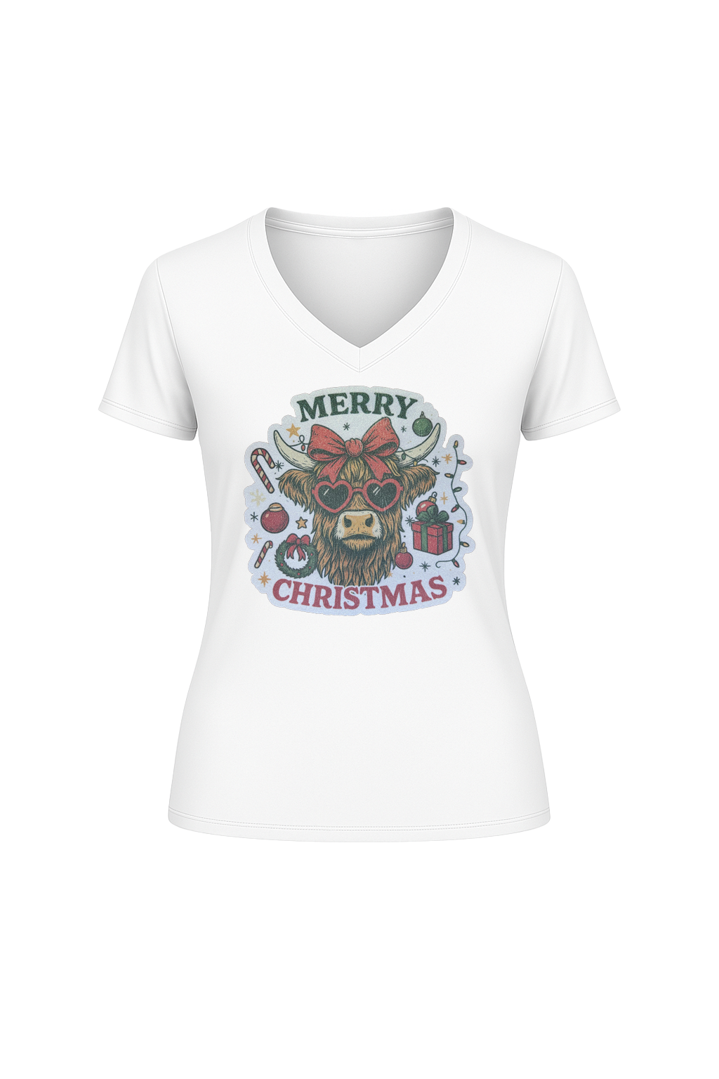 Glitter Christmas Cow Short Sleeve V-Neck Tee
