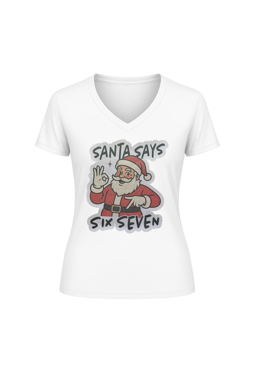 Glitter Santa Says Six Seven Short Sleeve V-Neck Tee