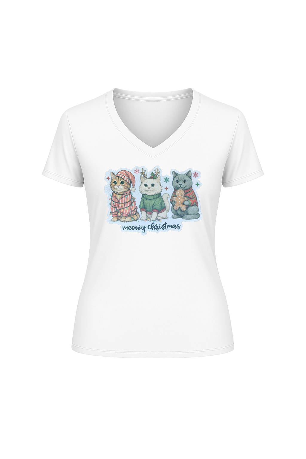 Glitter Christmas Cats Short Sleeve V-Neck Tee